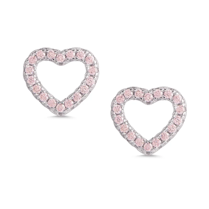 Earrings For Fancy Dresses-Open Heart Pink CZ Stud Earrings in Sterling Silver