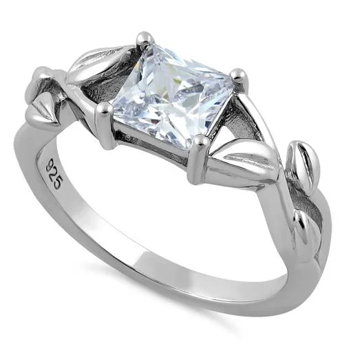 Rings For Party Nights-Sterling Silver Leaves Vines Princess Cut Clear CZ Ring