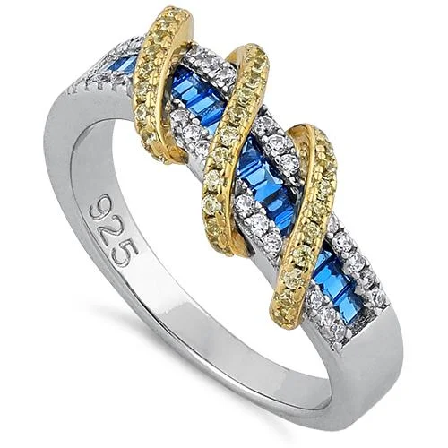 Best Wear Rings-Sterling Silver Two Tone Gold Plated Exotic Twisted Yellow & Blue Spinel CZ Ring