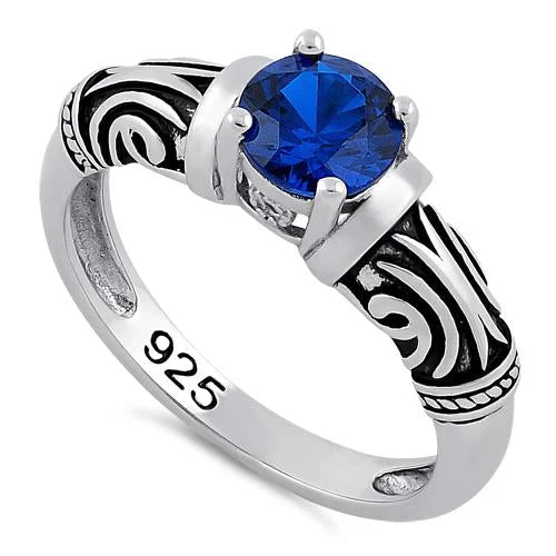 Rings For Fall Looks-Sterling Silver Tribal Round Cut Blue Spinel CZ Ring