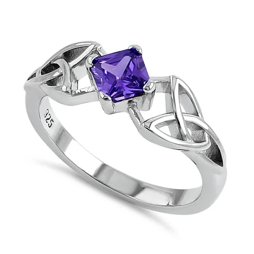 Best Rings For Weddings-Sterling Silver Celtic Princess Cut Violet CZ Ring