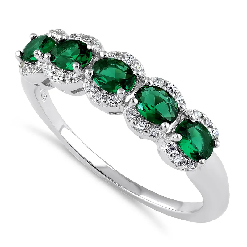 Rings Grade Tips-Sterling Silver Elegant Quintuple Oval Green CZ Ring