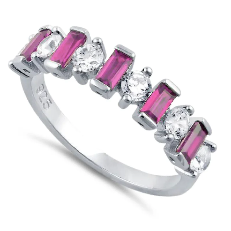 Tough Rings For Wear-Sterling Silver Round & Baguette Pink CZ Ring