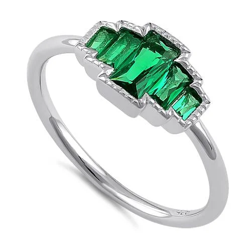 Rings For Flat Vibes-Sterling Silver Five Radiant Cut Emerald CZ Ring