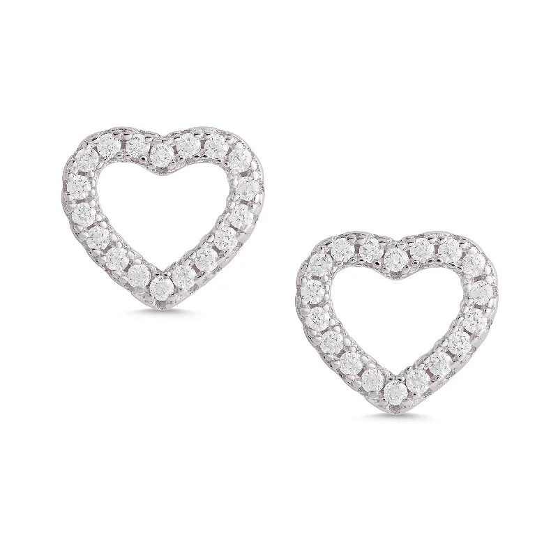 Earrings For Warm Outfits-Open Heart CZ Stud Earrings in Sterling Silver