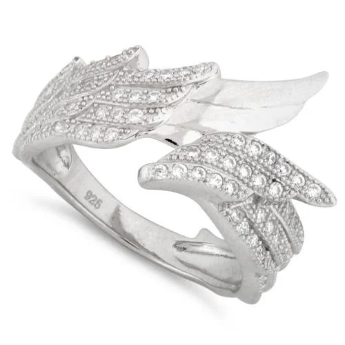 Rings For Daytime Style-Sterling Silver Wings Pave CZ Ring