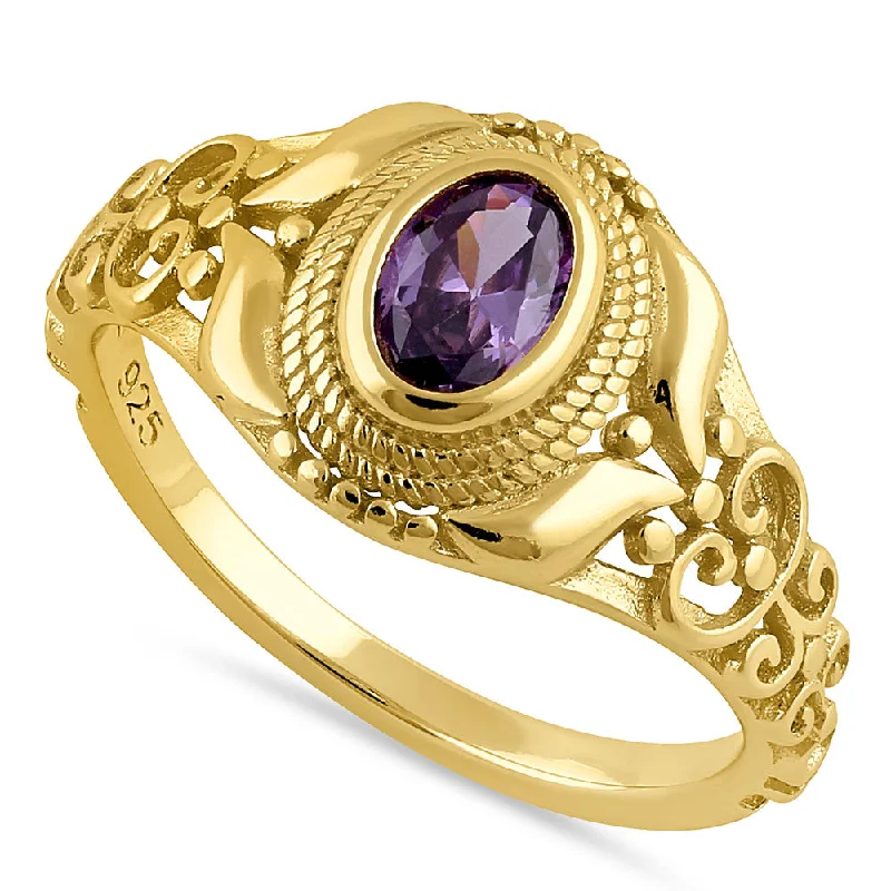 Rings Comfort Tips-Sterling Silver Gold Plated Austere Oval Cut Amethyst CZ Ring