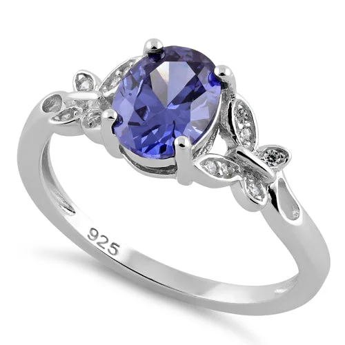 Rings For Bold Fashion-Sterling Silver Butterfly Tanzanite-tone CZ Ring