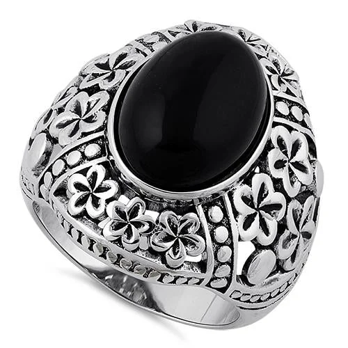 Rings For Cool Hues-Sterling Silver Bold Plumeria Black Agate Ring