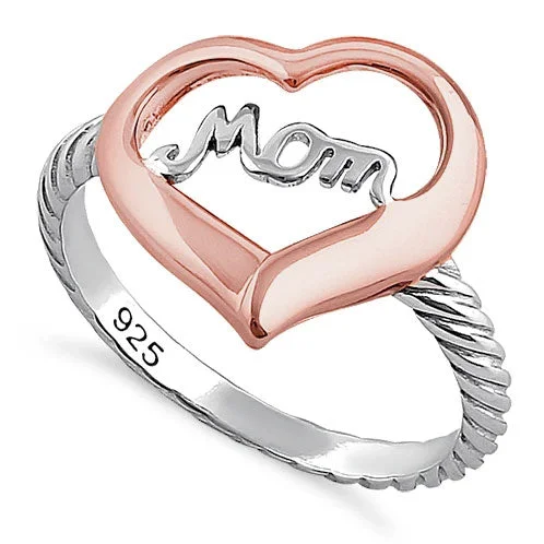 Rings For Hard Days-Sterling Silver Two Tone Rose Gold Plated Mom Heart Ring