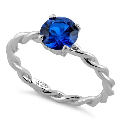 Rings For Matching Earrings-Sterling Silver Blue Spinel Twisted Band CZ Ring