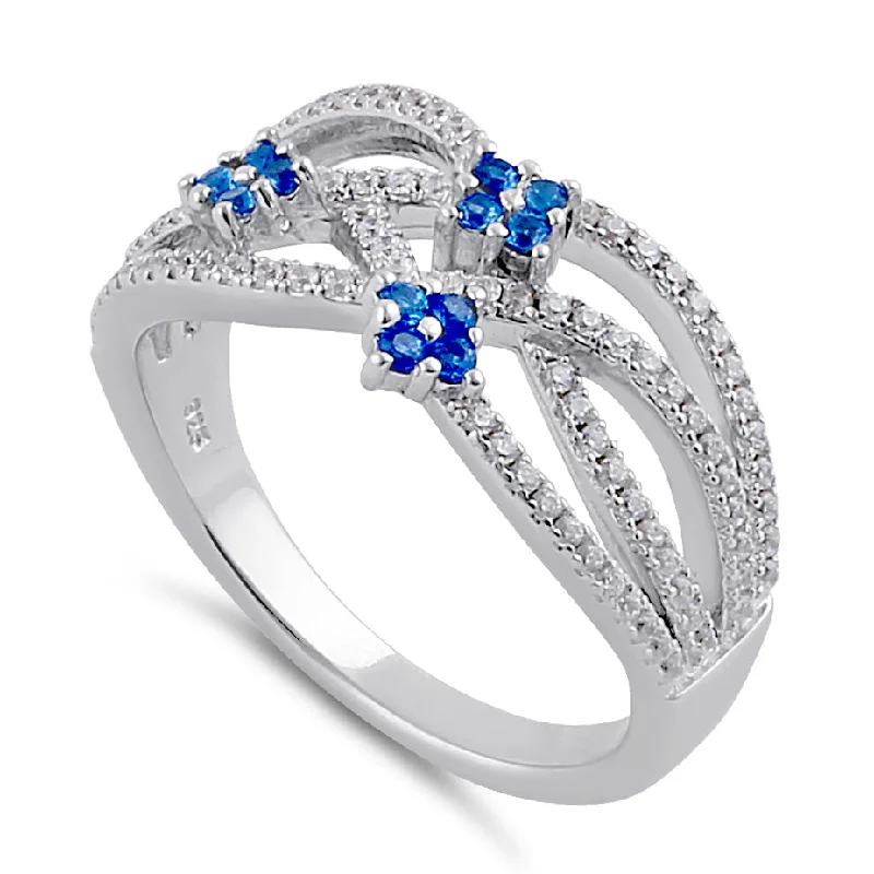 Rings For Wide Fits-Sterling Silver Blue Spinel and Clear CZ Twisted Flower Ring