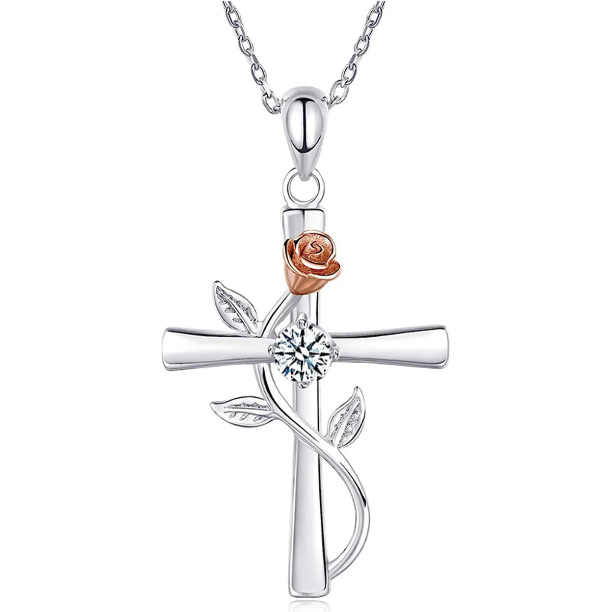 Necklaces Store Guide-Sterling Silver Elegant Simple Style Cross Rose Plating Pendant Necklace