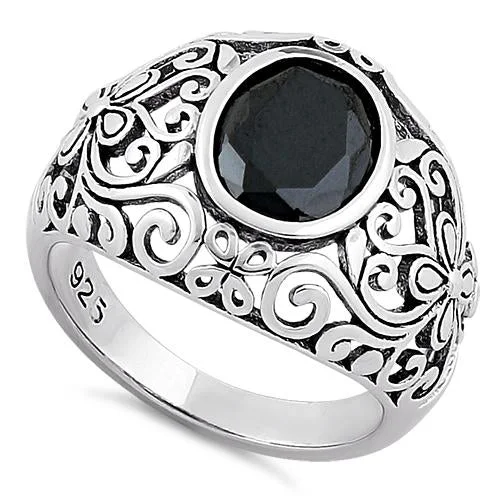 Rings With Stacked Style-Sterling Silver Plush Oval Cut Black CZ Ring