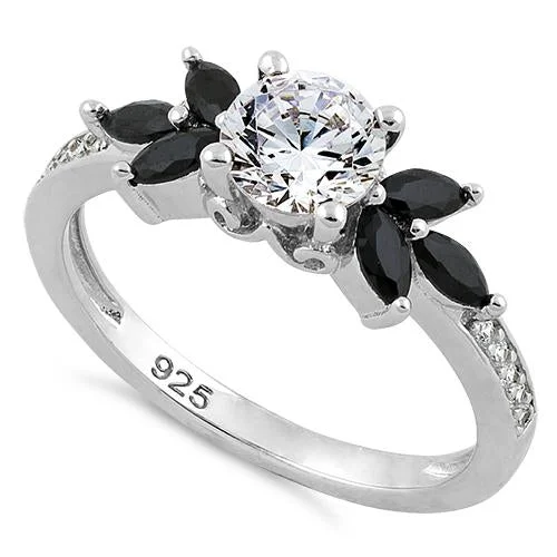 Rings For High Shine-Sterling Silver Flower Leaves Black Clear CZ Ring