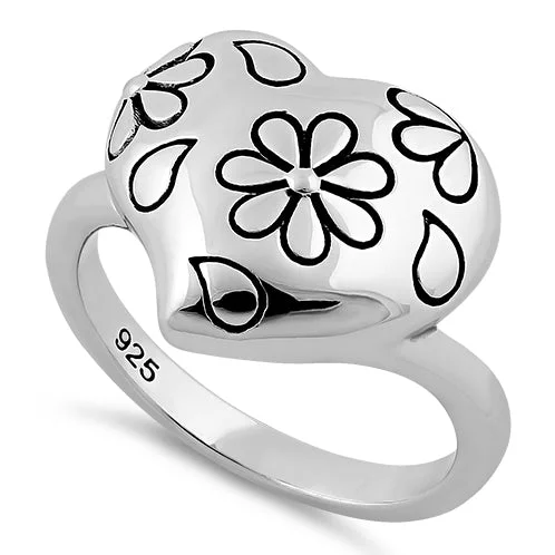 Best Solid Rings-Sterling Silver Flower Leaf Heart Ring