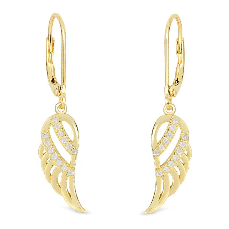 Earrings With Gemstone Accents-CZ Angel Wing Leverback Earrings in 18k Gold over Sterling Silver