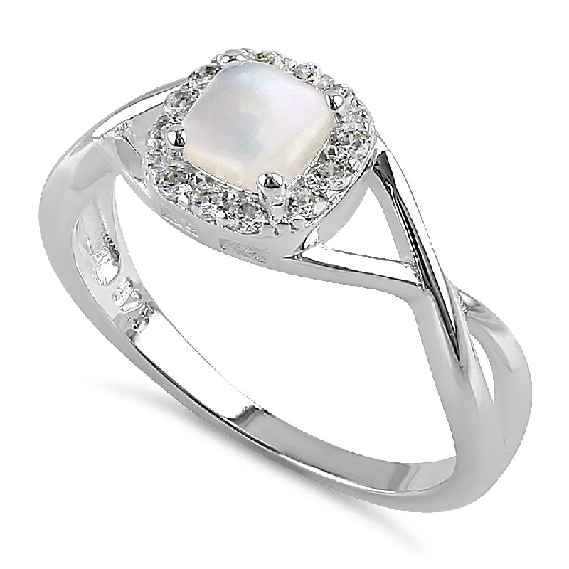 Rings Safety Guide-Sterling Silver Square Halo Mother of Pearl CZ Ring