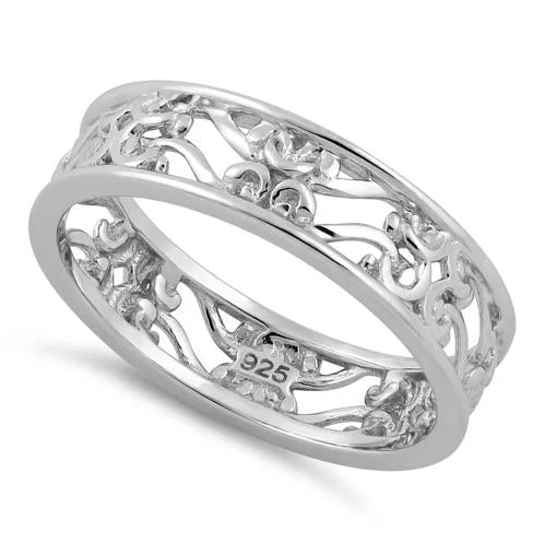 Rings With Silver Shine-Sterling Silver Swirl Floral Band Ring