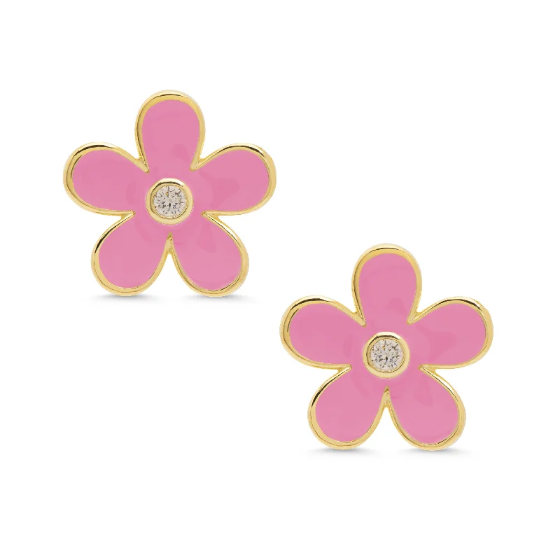 Long Wear Earrings-Flower CZ Stud Earrings - Pink