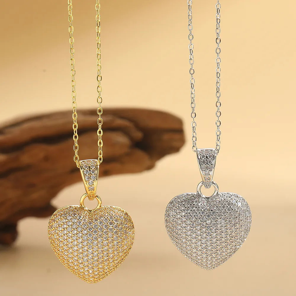 Necklaces For High Shine-Copper 14K Gold Plated Inlay Heart Shape Zircon Pendant Necklace