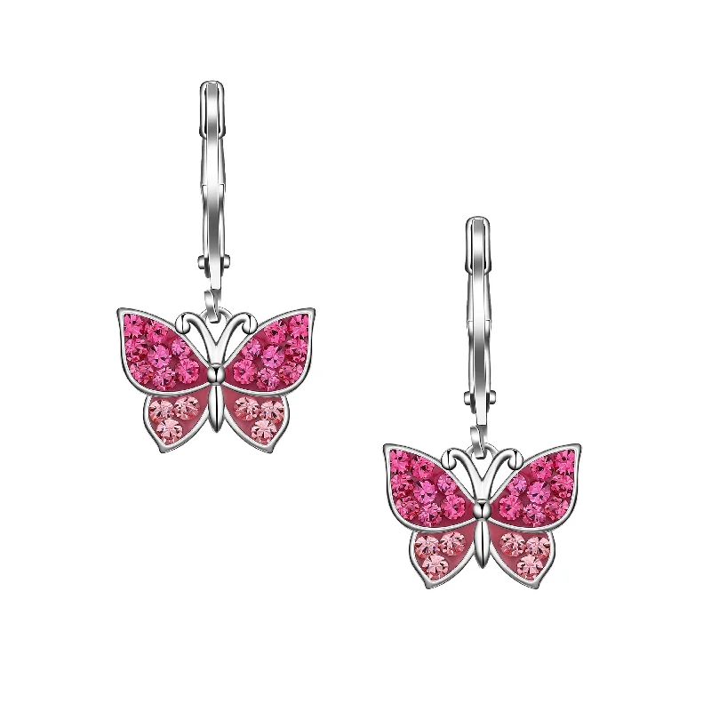 Earrings Fit Guide-Crystal Butterfly Leverback Dangle Earrings - Pink