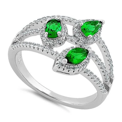 Rings Shape Guide-Sterling Silver Trinity Marquise & Round Cut Clear & Emerald CZ Ring