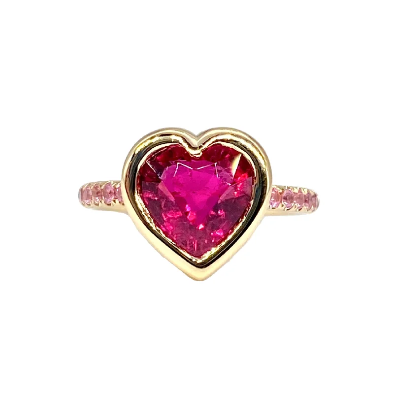 Rings For Mature Women-One of a Kind Bezel Set Large Rubellite Heart on Pink Spinel Band Ring