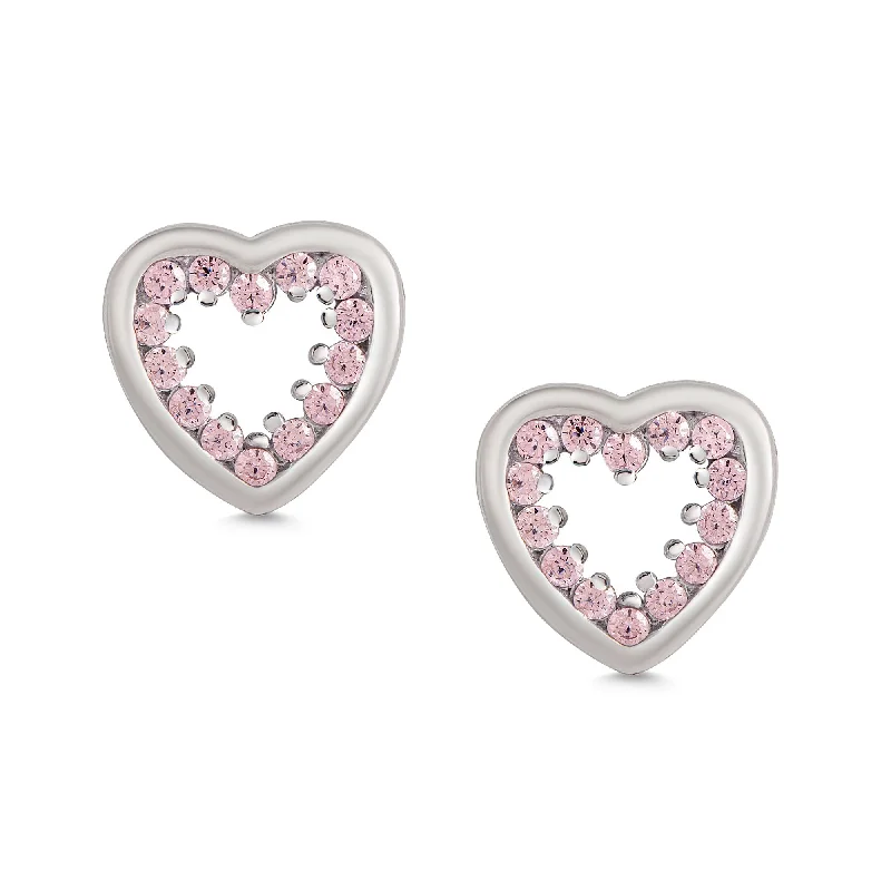 Earrings For Round Faces-Inlaid Pink CZ Open Heart Stud Earrings in Sterling Silver