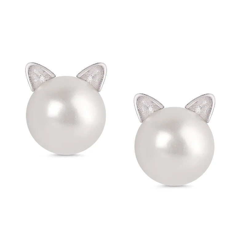 Earrings Pair Tips-Freshwater Pearl Cat Stud Earrings in Sterling Silver