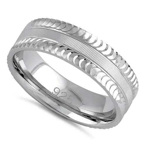 Rings For Busy Days-Sterling Silver Diamond Cut Pattern Wedding Band Ring