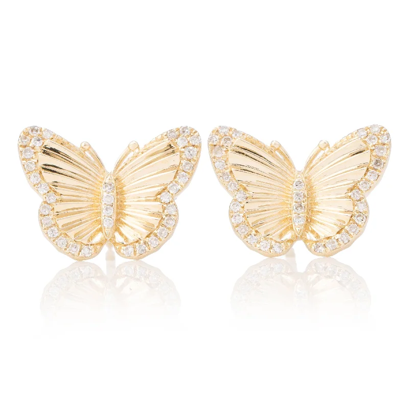 Earrings For Big Hoops-Pleated Double Diamond Trim Butterfly Studs