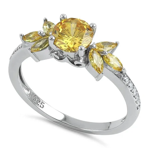 Rings With Gemstone Settings-Sterling Silver Flower Leaves Golden Yellow CZ Ring