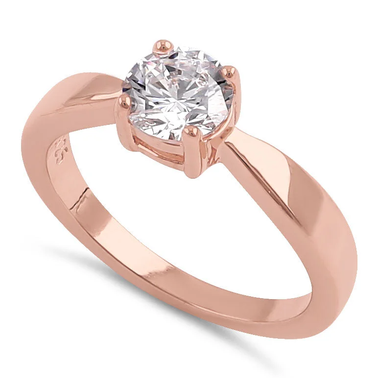 Rings For Statement Sets-Sterling Silver 6mm Round Clear CZ Rose Gold Plated Ring