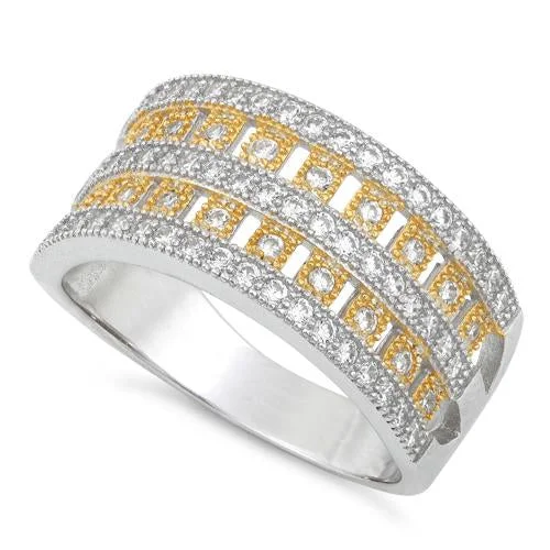 Extra Bold Rings-Sterling Silver Elegant Two-tone Gold Plated Pave CZ Ring