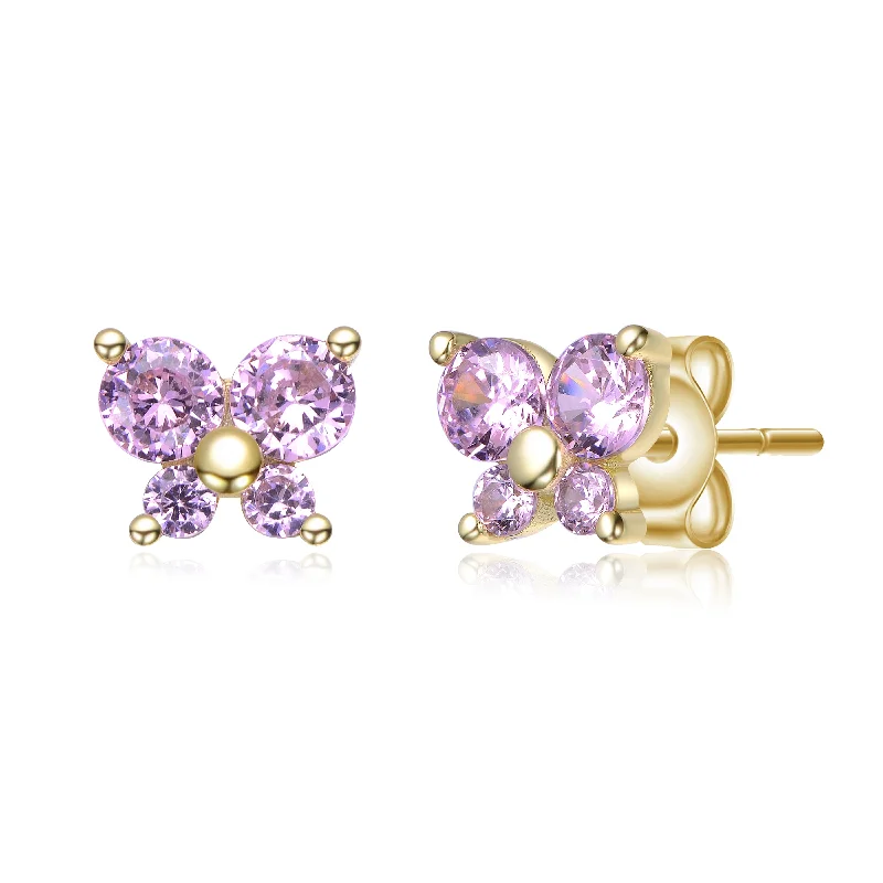 Earrings Warranty Info-Pink Sterling Silver 14k Gold Plated Cubic Zirconia Four-Stone Butterfly Cluster Stud Earrings