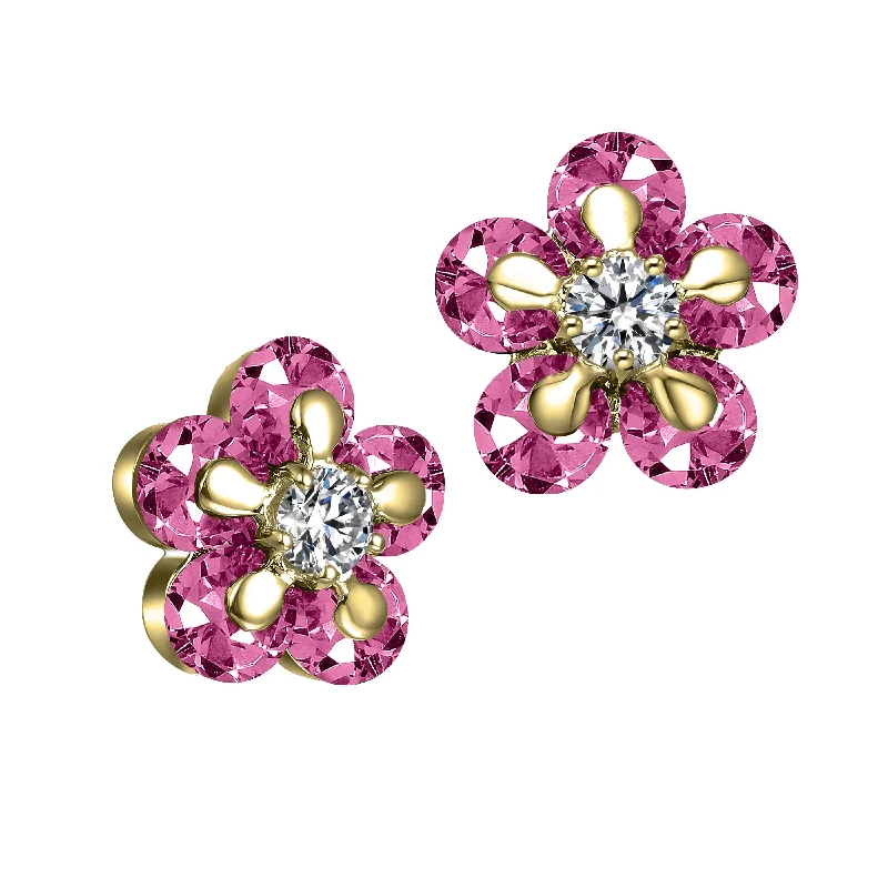 Best Flash Earrings-Pink Bloom Gold Sterling Silver Cubic Zirconia Stud Earrings