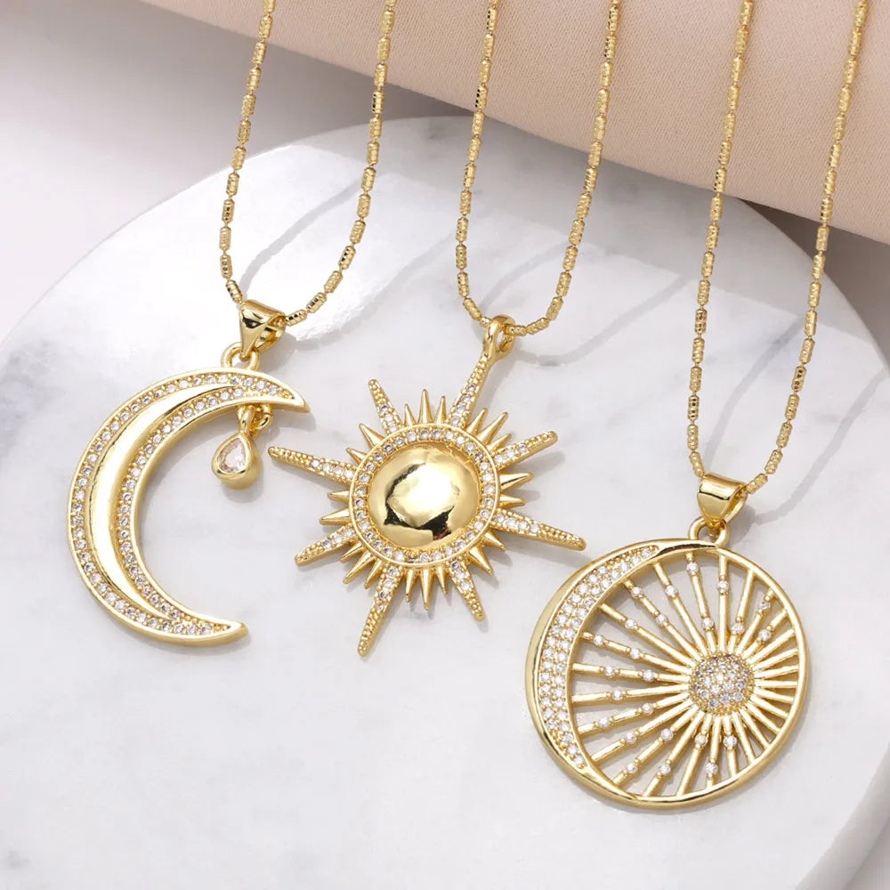 Necklaces For Travel Looks-Copper 18K Gold Plated Modern Style Simple Style Plating Inlay Sun Moon Zircon Pendant Necklace