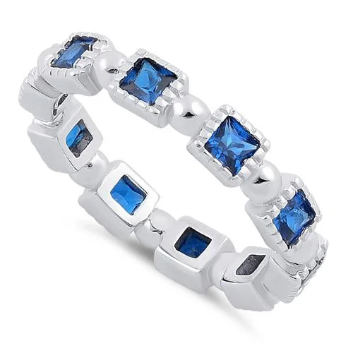 Rings For Solo Wear-Sterling Silver Princess Cut Blue Spinel Eternity CZ Ring