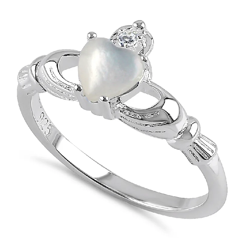 Rings For Busy Days-Sterling Silver Claddagh Mother of Pearl CZ Ring