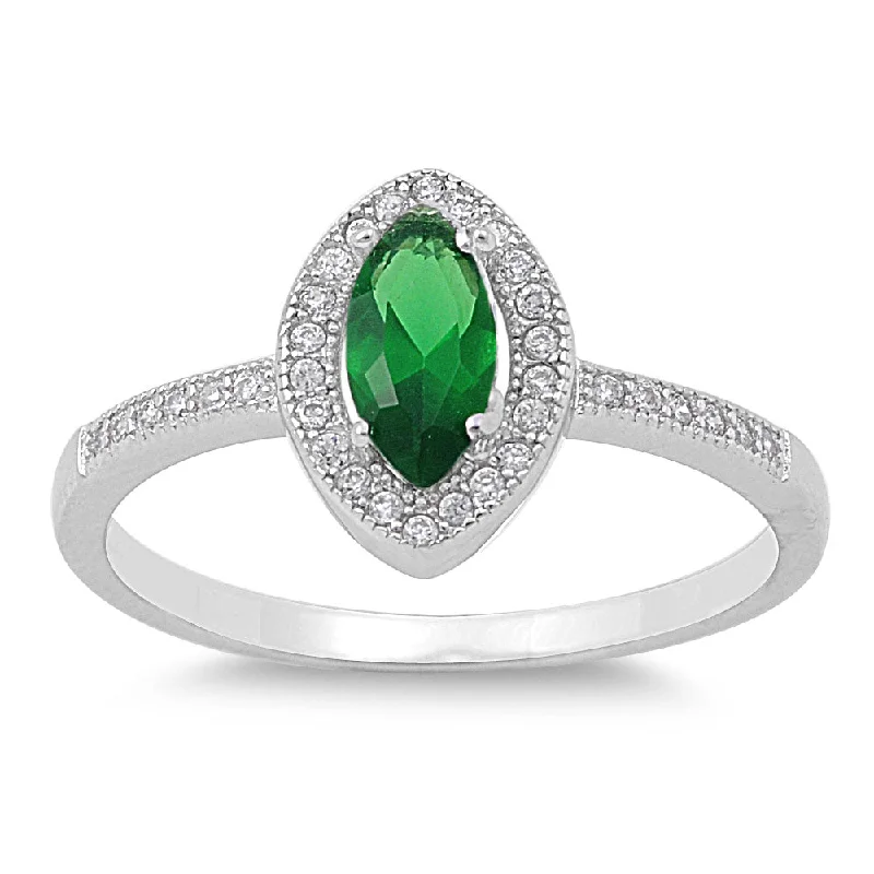 Rings For Rainy Days-Sterling Silver Emerald CZ Marquise Halo Ring