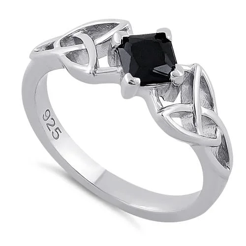 Best Low Rings-Sterling Silver Celtic Princess Cut Black CZ Ring