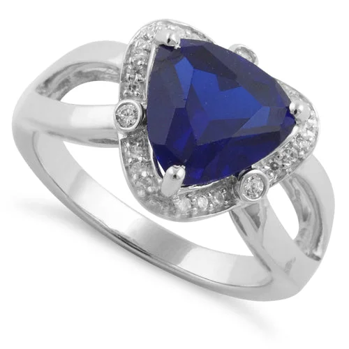 Rings For Crew Gifts-Sterling Silver Blue Sapphire Trillion Cut Halo CZ Ring