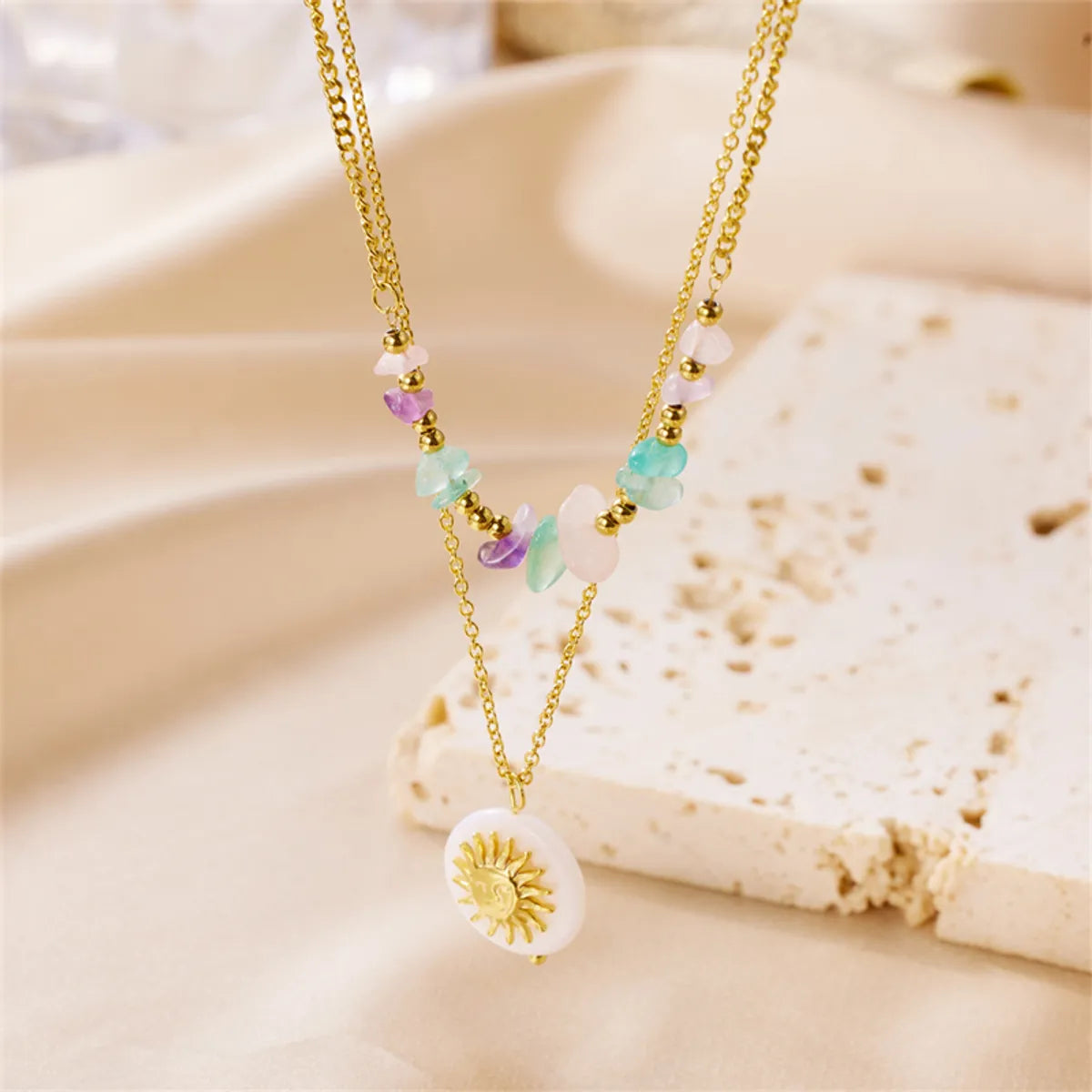 Necklaces For Large Pendants-Wholesale Vintage Style Sun Stainless Steel Beaded Plating 18k Gold Plated Pendant Necklace