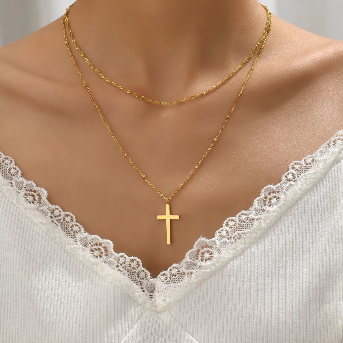 Recycled Necklaces-Simple Style Geometric Cross Titanium Steel Layered Plating 18k Gold Plated Double Layer Necklaces