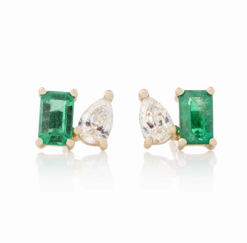 Earrings For Wet Days-Moi Et Toi Emerald Cut Emerald and Pear Shaped Diamond Studs