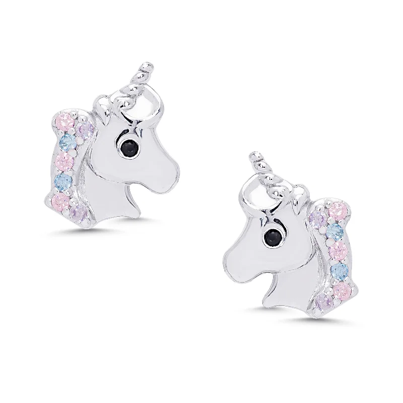 Earrings For Soft Glam-CZ Unicorn Stud Earrings in Sterling Silver (Multi)