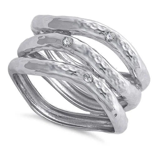 Rings For Soft Looks-Sterling Silver Hammered Triple Clear CZ Ring