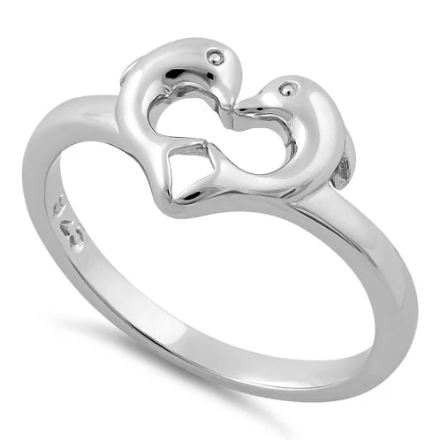 Rings For Layered Bracelets-Sterling Silver Dolphins Heart Ring