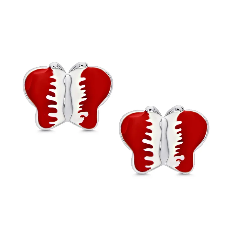 Earrings For Long Wear-Butterfly Stud Earrings in Sterling Silver - Red